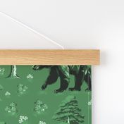 Tranquil Bear and Trees Woodland Theme, Animal Toile Pattern, Warm Forest Green, WildFlowers and Toadstools 