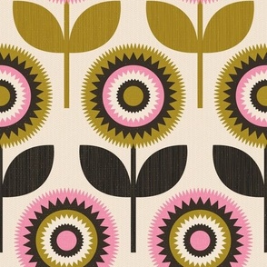 Retro Scandi Flowers - Pink Gold and Black Med.