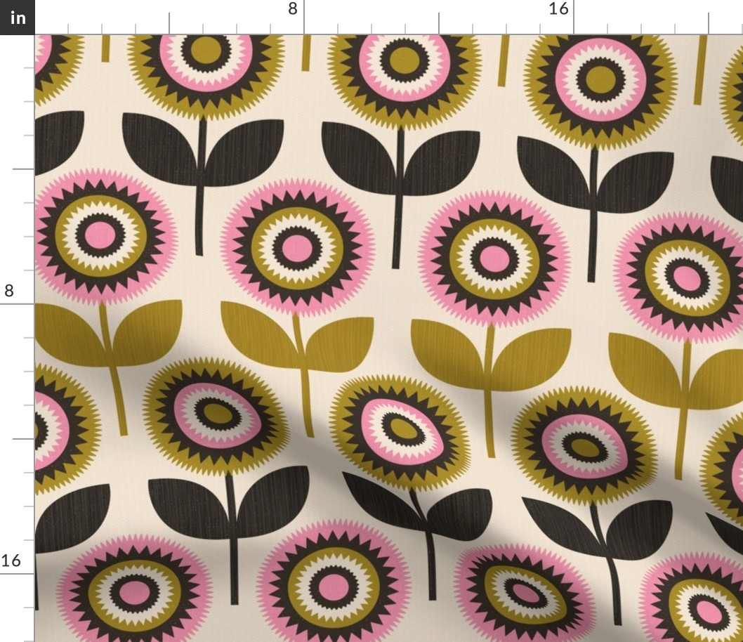 Retro Scandi Flowers - Pink Gold and Black Med.