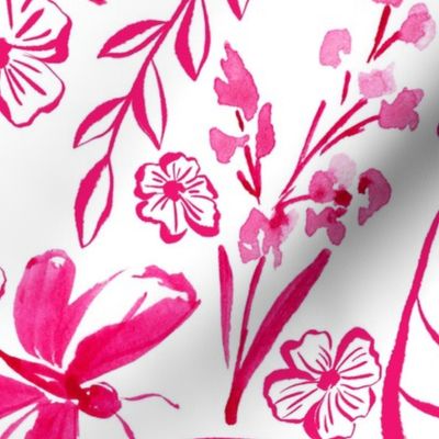 Monochrome Watercolor Florals and Butterflies in Pink