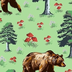 Vintage Bear and Trees Woodland, Wild Brown Bears Animal Pattern, WildFlowers and Toadstools on Green