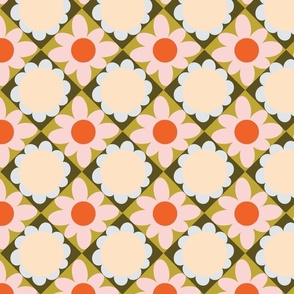 Retro Floral Checkerboard, Vintage Fabric, Hand Drawn Floral, Colorful Checkerboard, Sky Blue, Lime Green, Orange Red, Pink and Cream, Retro Inspired, Colorful Retro, Mid Century Modern, Vintage Flowers, Retro Floral