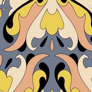 Abstract Art Nouveau Pattern - Vintage-Inspired in Dusty Blue, Peachy Pink, Pale Yellow, Black & Cream // Large Scale