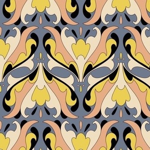 Abstract Art Nouveau Pattern - Vintage-Inspired in Dusty Blue, Peachy Pink, Pale Yellow, Black & Cream // Medium Scale