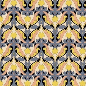 Abstract Art Nouveau Pattern - Vintage-Inspired in Dusty Blue, Peachy Pink, Pale Yellow, Black & Cream // Smaller Scale