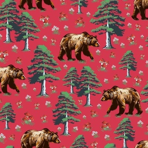 Brown Bear and Trees Woodland, Wild Bears Animal Pattern, WildFlowers and Toadstools on Raspberry Red