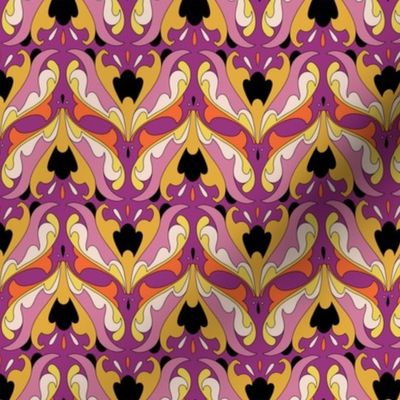 Abstract Art Nouveau Pattern - Vintage-Inspired in Violet Magenta, Yellow, Orange, Black & Cream // Smaller Scale