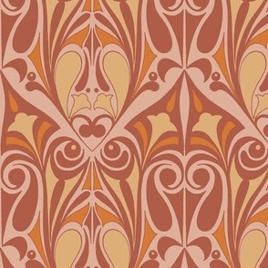 Ornamental Art Nouveau Pattern in Terracotta Rust Red, Dusty Pink, Burnt Orange & Pale Yellow Sand // Large Scale