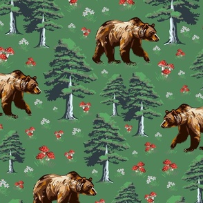 Brown Forest Bear and Trees Woodland, Wild Bears Animal Pattern, WildFlowers and Toadstools on Forest Green