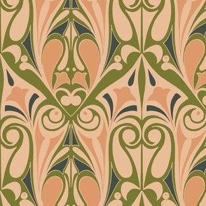 Ornamental Art Nouveau Pattern in Peach Pink, Moss Green & Prussian Blue // Large Scale