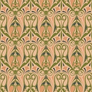 Ornamental Art Nouveau Pattern in Peach Pink, Moss Green & Prussian Blue // Larger Scale