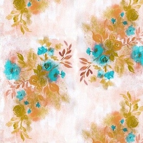 Watercolor florals in blush pink golden ochre and bold aqua Small scale