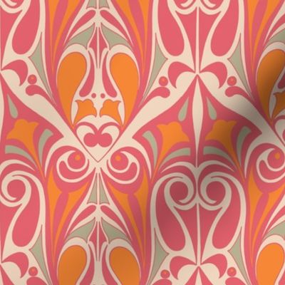Ornamental Art Nouveau Pattern in Pink & Orange, Sage Green & Cream // Larger Scale