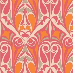 Ornamental Art Nouveau Pattern in Pink & Orange, Sage Green & Cream // Larger Scale