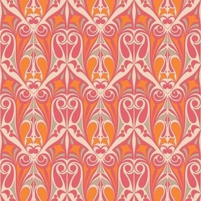 Ornamental Art Nouveau Pattern in Pink & Orange, Sage Green & Cream // Smaller Scale