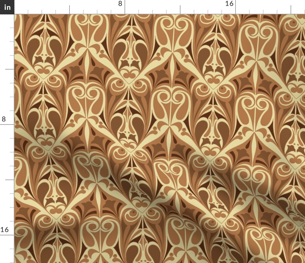 Ornamental Art Nouveau Pattern in Hazelnut Maple & Dark Brown Earth Tones // Larger Scale
