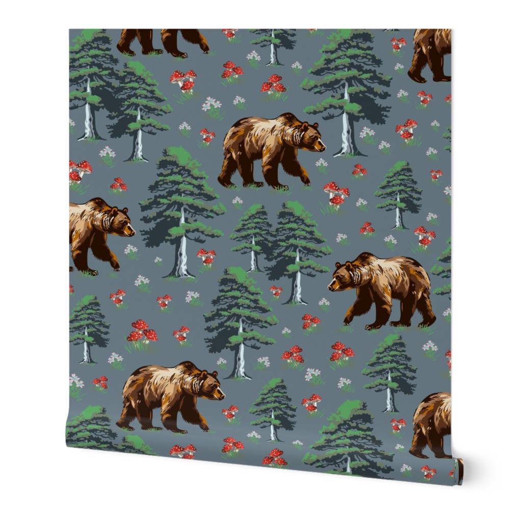 Wild Brown Forest Bears and Trees Woodland, Bear Animal Pattern, Wildflowers and Toadstools on Slate Gray, Red and White Spotted Mushrooms, Wild Flowers on Grey, Big Grizzly Black Brown Bear, Green Pine Tree Forest Mamma Bear, Fungi Foraging Bear 