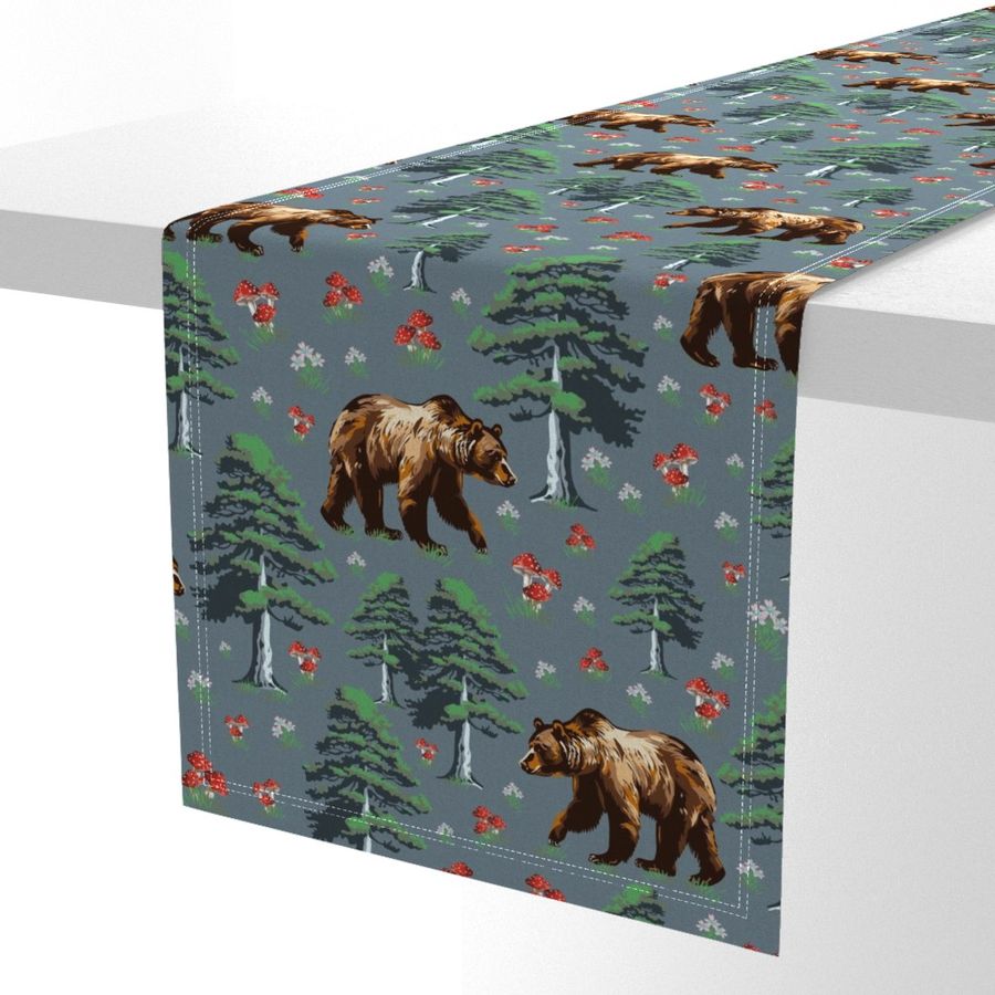 Wild Brown Forest Bears and Trees Woodland, Bear Animal Pattern, Wildflowers and Toadstools on Slate Gray, Red and White Spotted Mushrooms, Wild Flowers on Grey, Big Grizzly Black Brown Bear, Green Pine Tree Forest Mamma Bear, Fungi Foraging Bear 