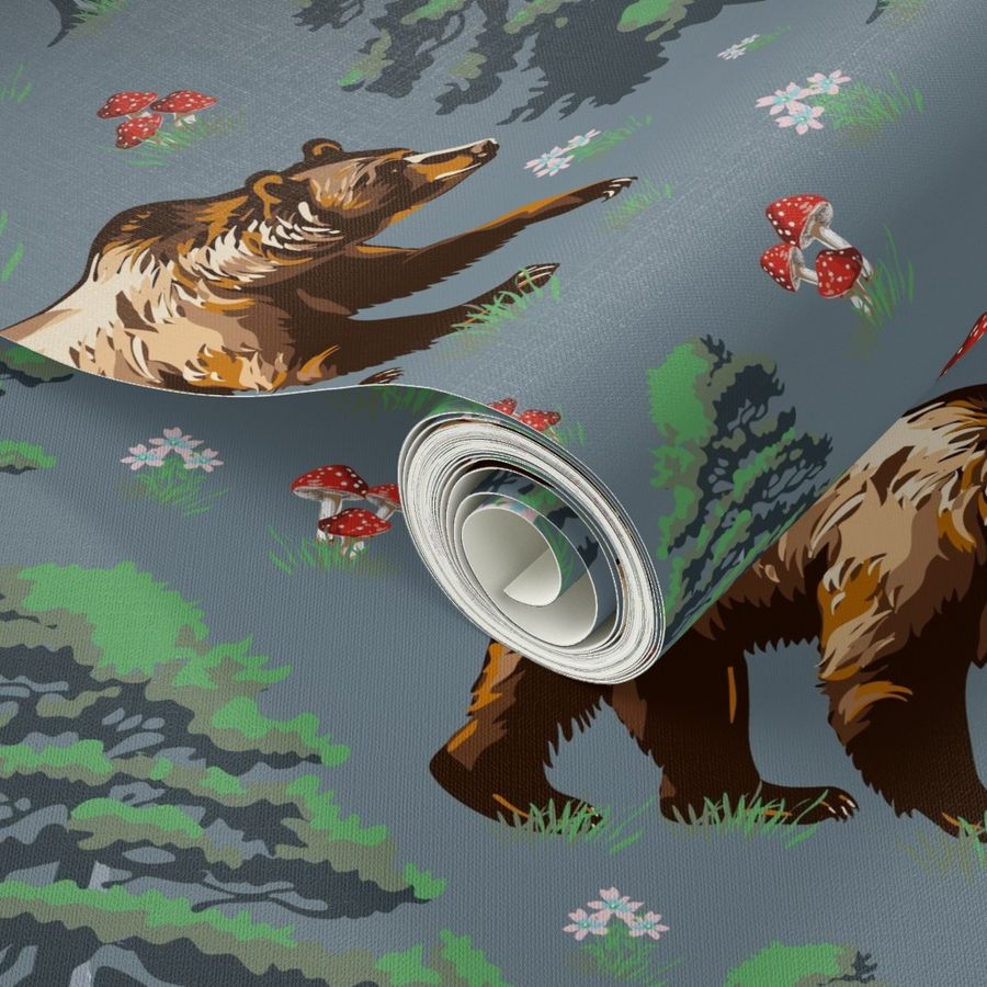 Wild Brown Forest Bears and Trees Woodland, Bear Animal Pattern, Wildflowers and Toadstools on Slate Gray, Red and White Spotted Mushrooms, Wild Flowers on Grey, Big Grizzly Black Brown Bear, Green Pine Tree Forest Mamma Bear, Fungi Foraging Bear 