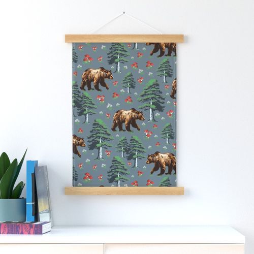 Wild Brown Forest Bears and Trees Woodland, Bear Animal Pattern, Wildflowers and Toadstools on Slate Gray, Red and White Spotted Mushrooms, Wild Flowers on Grey, Big Grizzly Black Brown Bear, Green Pine Tree Forest Mamma Bear, Fungi Foraging Bear 