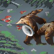 Wild Brown Forest Bears and Trees Woodland, Bear Animal Pattern, Wildflowers and Toadstools on Slate Gray, Red and White Spotted Mushrooms, Wild Flowers on Grey, Big Grizzly Black Brown Bear, Green Pine Tree Forest Mamma Bear, Fungi Foraging Bear 