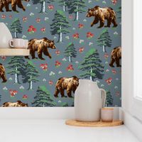 Wild Brown Forest Bears and Trees Woodland, Bear Animal Pattern, Wildflowers and Toadstools on Slate Gray, Red and White Spotted Mushrooms, Wild Flowers on Grey, Big Grizzly Black Brown Bear, Green Pine Tree Forest Mamma Bear, Fungi Foraging Bear 