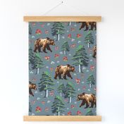 Wild Brown Forest Bears and Trees Woodland, Bear Animal Pattern, Wildflowers and Toadstools on Slate Gray, Red and White Spotted Mushrooms, Wild Flowers on Grey, Big Grizzly Black Brown Bear, Green Pine Tree Forest Mamma Bear, Fungi Foraging Bear 