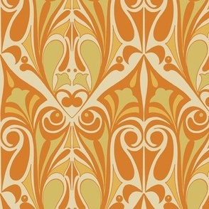 Ornamental  Art Nouveau Pattern in Marigold Burnt Orange & Pale Yellow Cream // Larger Scale