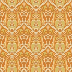 Ornamental  Art Nouveau Pattern in Marigold Burnt Orange & Pale Yellow Cream // Smaller Scale