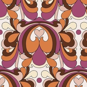 Vintage-Inspired Psychedelic Swirls with Pink Hearts in Purple Pink Orange & Brown // Larger Scale