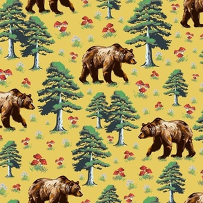 Brown Forest Bears and Pine Trees In the Wild Woodland, Bear Animal Pattern, WildFlowers and Toadstools on Yellow