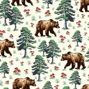 Forest Bears and Pine Trees In the Wild Woodland, Brown Bear Animal Pattern, WildFlowers and Toadstool Mushrooms on Cream