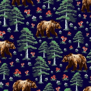 Brown Bear Animal Pattern, Forest Bears and Pine Trees In the Wild Woodland, WildFlowers and Toadstool Mushrooms on Dark Midnight Blue