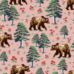 Vintage Pink Brown Bear Animal Pattern, Forest Bears and Pine Trees In the Wild Woodland, WildFlowers and Toadstool Mushrooms (Large Scale)