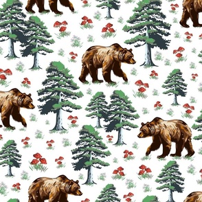 Woodland Bear Animal Pattern on White, Forest Bears and Pine Trees In the Wild Woodland, WildFlowers and Toadstool Mushrooms