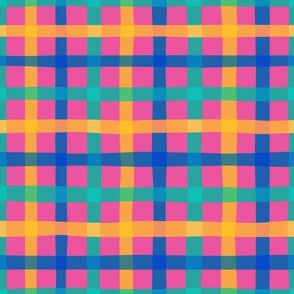 Wonky Gingham - Medium Scale - Bright Colorful Pink Green Blue Orange Tween Youthful Multi-color
