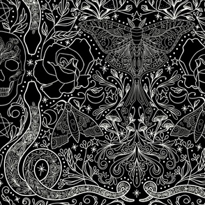 Goth Gothic wallpaper Skull mushroom rose snake ornament moth black white