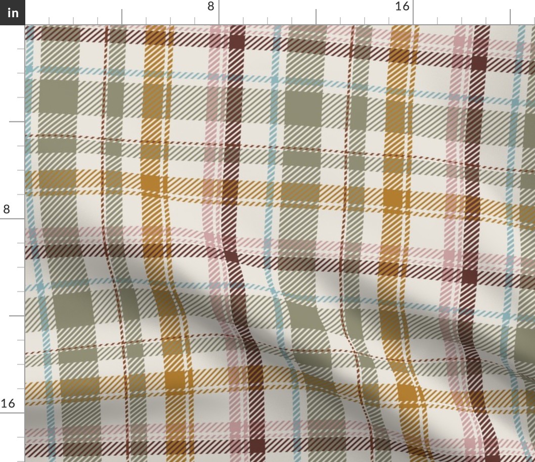 Fall Twill Plaid, Multicolor Check, Sage Green and Mustard Fabric, Large