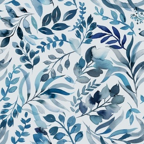 Watercolor leaves botanical Blue Medium