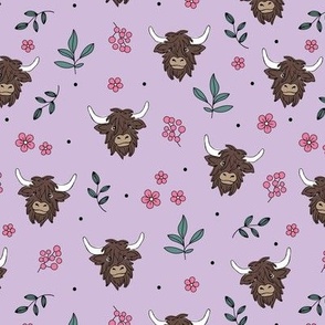 Adorable Scottish highland cows - cute cow faces daisies and grass leaves berries wild animals and botanical leaves winter fall design  kids pink mint on lilac