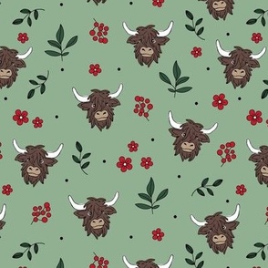 Adorable Scottish highland cows - cute cow faces daisies and grass leaves berries wild animals and botanical leaves winter fall design  kids red pine green sage