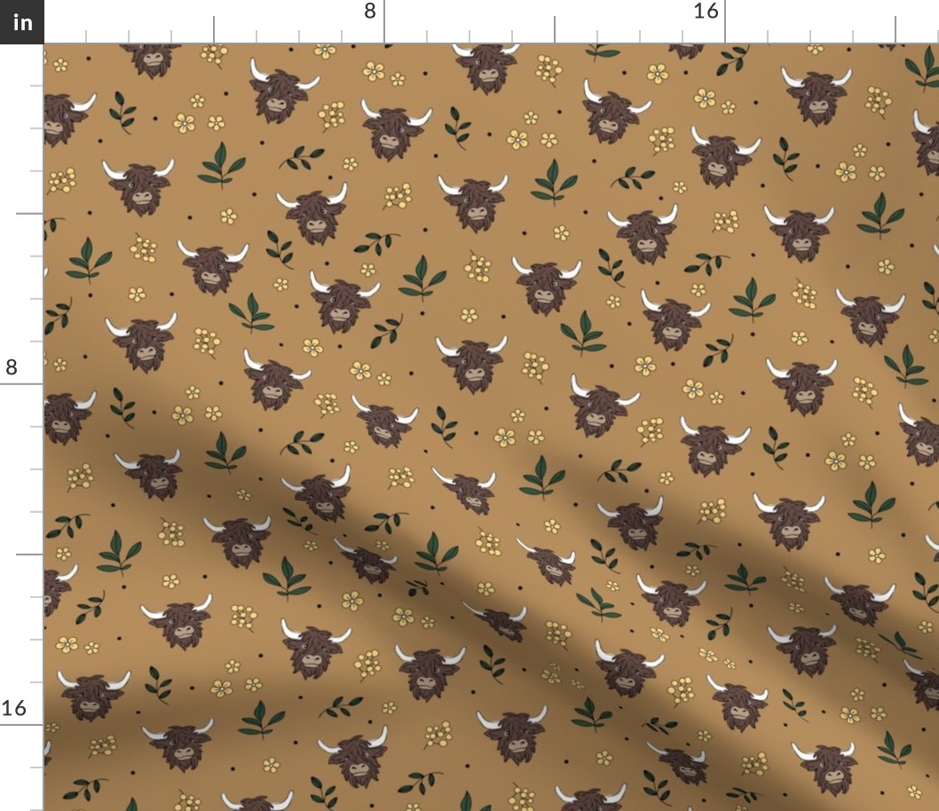 Adorable Scottish highland cows - cute cow faces daisies and grass leaves berries wild animals and botanical leaves winter fall design  kids neutral yellow pine green brown on golden ochre camel