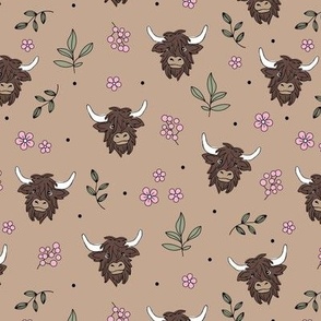 Adorable Scottish highland cows - cute cow faces daisies and grass leaves berries wild animals and botanical leaves winter fall design  kids pink olive green on beige tan