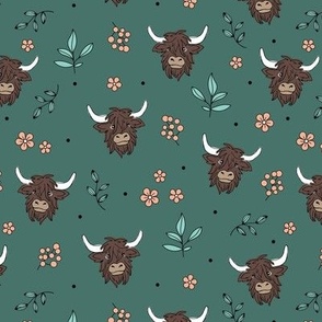 Adorable Scottish highland cows - cute cow faces daisies and grass leaves berries wild animals and botanical leaves winter fall design  kids blush aqua on sea green 