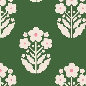 Block Flowers Cotton Cream on Forest Green