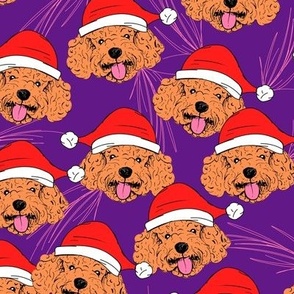 Adorable retro santa poodle faces - Christmas labradoodle puppies cavapoo cockapoo dog design freehand illustration red white brown on neon purple