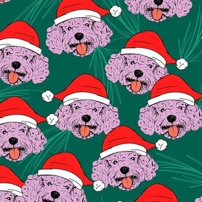 Adorable retro santa poodle faces - Christmas labradoodle puppies cavapoo cockapoo dog design freehand illustration lilac red white on teal green