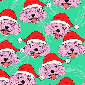 Adorable retro santa poodle faces - Christmas labradoodle puppies cavapoo cockapoo dog design freehand illustration pink red white on neon mint green
