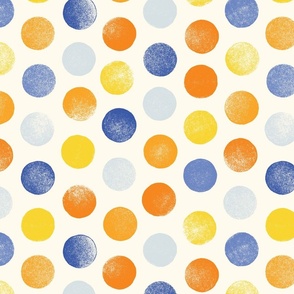 [Large] Colorful Stamped Polka Dots Vertical - Yellow, orange and blue dots on  cream. Hand stamped fun geometric print. Kids, Gender neutral, Nursery, Cute, Childhood  