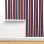 Large scale / Red and beige vertical stripes on navy / grunge distressed textured blender lines on dark blue background / valentine scarlet crimson cream ivory usa patriotic decor